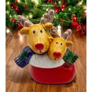 Vintage Reindeer in Stocking Christmas Tree Ornament Hand Painted Ceramic